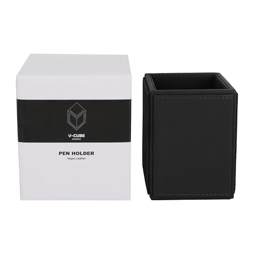 Image of V-CUBE DESIGNS Premium Vegan Leather Pen Holder for Desk & Study Table Accessory | Marker /Pencil Stand for Student | Stationery Organizer for Office Table & Home | 6mm Thickness with MDF Core |Black