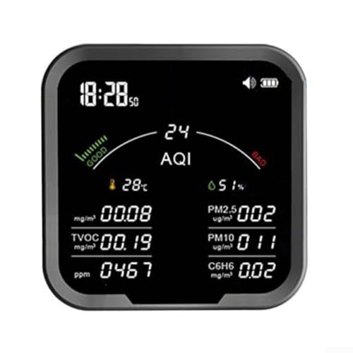 Monitor de aire 10 en 1 habilitado para WiFi para uso en interiores, detecta PM2 5 PM10, temperatura, TVOC, benceno con pantalla grande y batería recargable (negro)