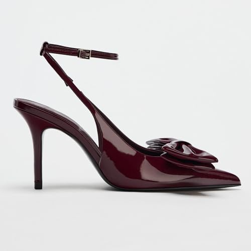 Goolita Bow Burgundy Slingback Heels for Women, Pointed Toe Buckle Ankle Strap Patent Leather Cherry Red Pumps Sexy Stiletto High Heels Shoes4