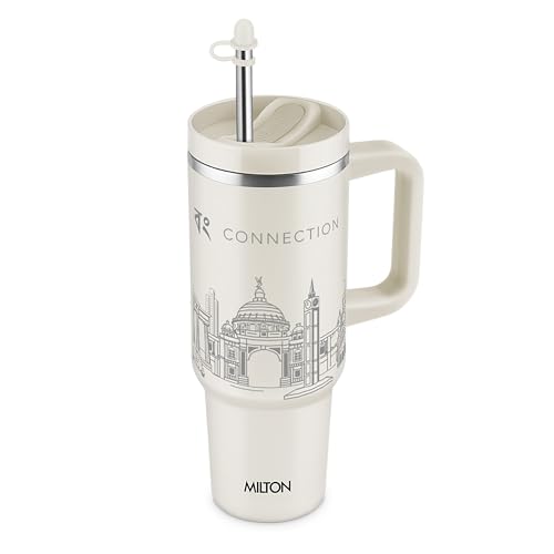 Image of MILTON Malmo 1200 Thermosteel Double Wall Vacuum Insulated Stainless Steel Tumbler with Handle 1100ml, Travel Mug with Straw,Silicon Cap,Cleaning Brush,Hot & Cold Beverage Flask,Kolkata Cream