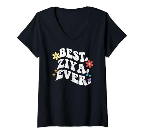 Femme Retro Groovy Best ZIYA Ever First Name Fête des Mères Fille T-Shirt avec Col en V
