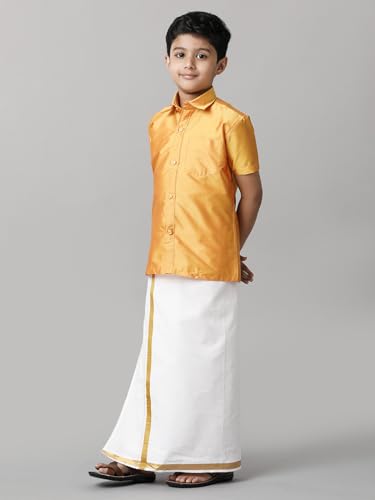 Image of RAMRAJ COTTON Boys Silk Cotton Shirt With Adjustable Cream Dhoti Perfect For Ceremonies| Festivals| And Special Occasions