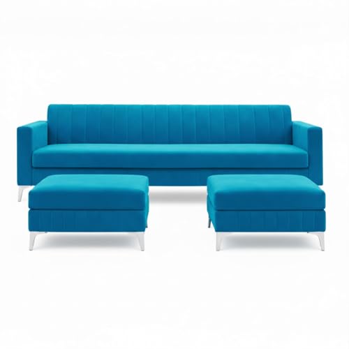 Image of Amelia 5 Seater L Shape Sofa Set with 2 Movable Ottomans | Flexible Layout | Rich Velvet Suede Fabric | Silver Legs | Spacious Soft Touch Seating | Modern Sofa for Living Room (Aqua Blue)