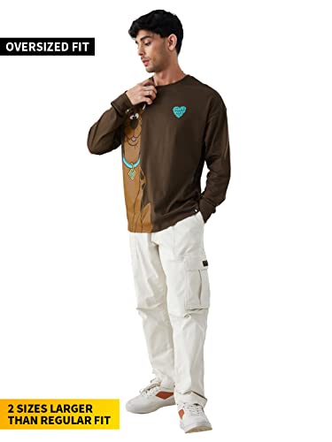 Image of The Souled Store Men Official Scooby Doo: Scooby Love Brown Printed Oversized Full Sleeve T-Shirts