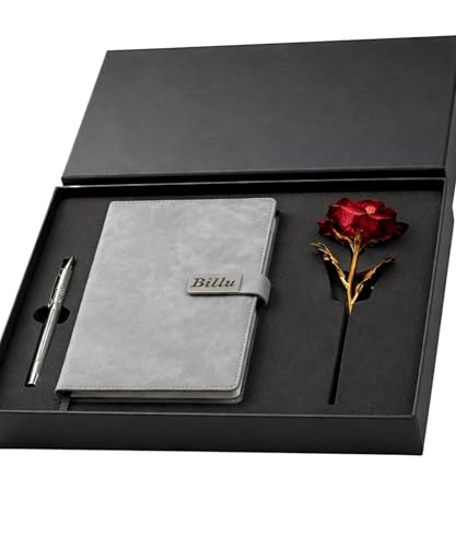 Image of Personalized Diary & Pen Gift Set with Name Engraving | Leather Diary Combo with Decorative Rose | Customizable Gift for Birthday, Anniversary, Valetine & Special Occasions (Grey)