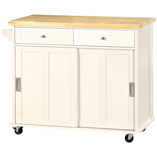 HOMCOM Carrito de Cocina Isla de Cocina Multifuncional con 4 Ruedas 2 Puertas Correderas 2 Cajones Estantes Ajustables y Barra de Colgar para Comedor Sala 110x49,5x89,5 cm Crema