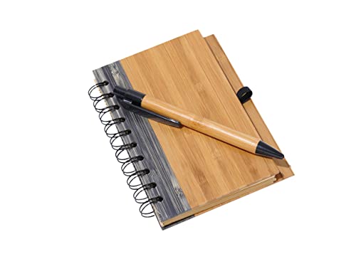 Bamboo Covered Notebook, Spiral Hardcover, Bamboo Ballpoint Pen, Diary for