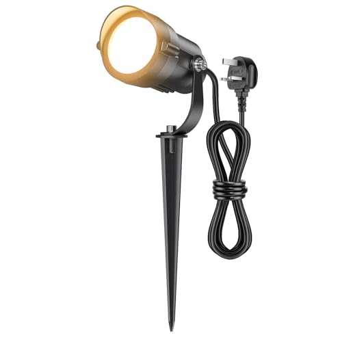 HIBOITEC Faretto da Giardino a Picchetto 12W 1320 Lumen, Impermeabile IP65 con Puntale a Terra e Spina 1.5m, LED Esterno 2700K Bianco Caldo per Illuminazione Giardino, Terrazzo, Piante, Vialetti