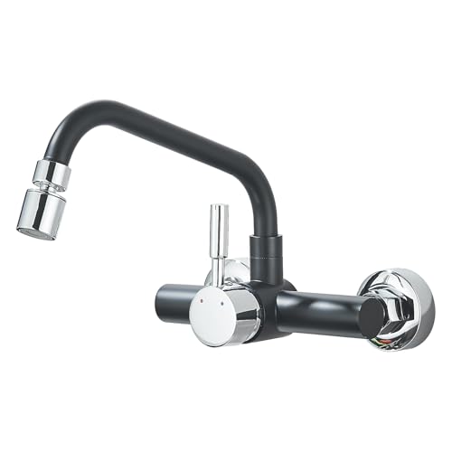 Saeuwtowy Grifo Cocina de Pared 15 cm Orificio de Montaje, Grifería de Mezclador Monomando de Acero Inoxidable, Grifería de Fregadero Rotación de 360​°, Agua Fría y Caliente, Noir