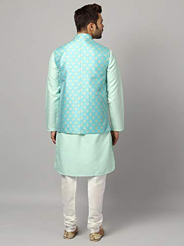 Uri and MacKenzie Men's Silk Blend Regular Kurta Churidar Pyjama with Bundi Nehru Jacket/Waistcoat