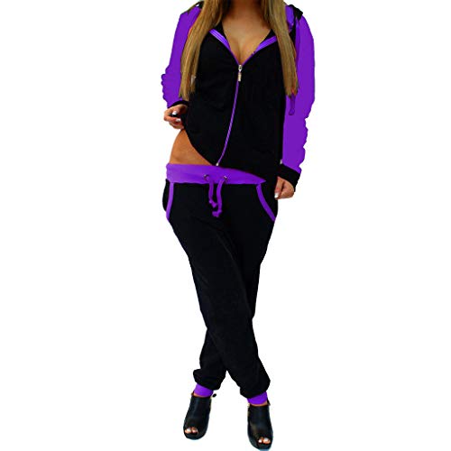 Mujeres 2Pcs CháNdal de Manga Larga Chaqueta de Abrigo + Pantalones Traje Conjunto de Pantalones Sudaderas con Capucha Camisa Pantalones Trajes de Ropa Deportiva (L, Violeta)
