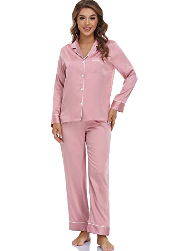 Image of Serenedelicacy Women's Satin Pajama Set Long Sleeve Button Down Sleepwear 2-Piece Silky Pj Set
