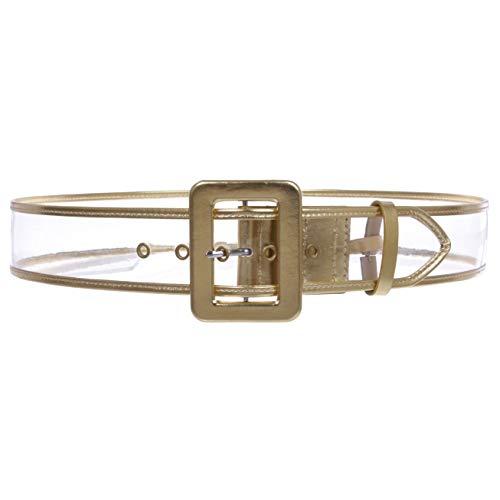 Women's 2" Wide Color-Trimmed Patent Leather Transparent Jelly Clear Belt, Gold | S/M - 32"