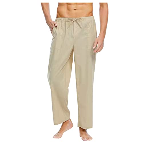 Cdiecer Cotton Linen Pants for Men Elastic Waist Drawstring Straight Leg Pants Casual Solid Color Beach Trousers