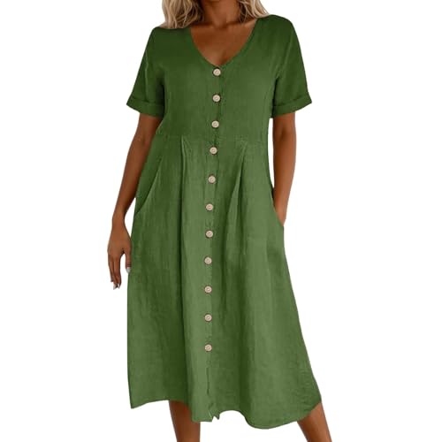 Vestido de verano para mujer, cuello en V, manga corta, vestido midi con botones y bolsillos, monocolor, vestido informal, vintage, cintura alta, holgado, vestido de playa, elegante, #002-verde, 3XL