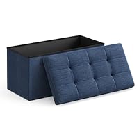 SONGMICS MAZIE Collection - 30 Inches Folding Storage Ottoman Bench, Ottoman Foot Rest, End of Bed Bench, Storage Chest, Load 660 lb, for Living Room, Bedroom, Entryway, Midnight Blue ULSF47IN