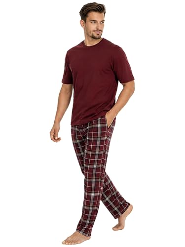 BRAND KRUZE Mens Pyjamas Set Crew Neck Short Sleeve T Shirt and Casual Cotton Nightwear Loungewear Top and Trousers PJ Set KZPJ187_PYJAMA MAROON L