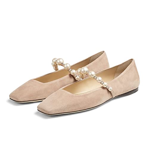 FOWT Women Square Toe Slip on Flats Pearl Studded Strap Elegant Pumps Wedding Bride Prom Dressy Shoes Size 4-15 US3