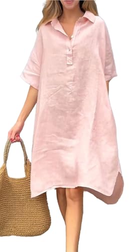 Image of chouyatou Women's Summer Casual Linen Beach Tunic Dress Loose High Low Midi Long Polo T Shirt Dress