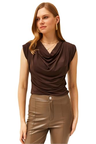 Image of SIGHTBOMB Ultra Soft Afford LUX Edition Draped Cowl Neck FRONTFLOW Gathered Ruched SOFTLINE Sleeveless TOP for Women