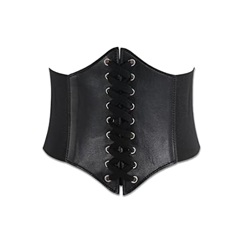 Clyhon Cinched Wide Corset Belt, Women Girls Elastic Wide Band Elastic Tied Waspie Corset Waist Belt Lace Up Fashion Corset Belts Leather Waist Cincher Corset Black Cover