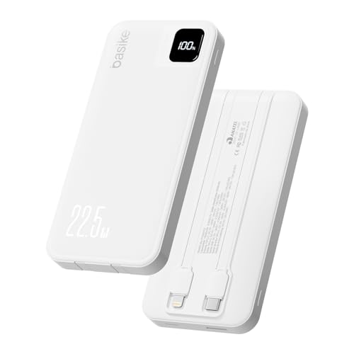 Basike Power Bank, Carregador Portátil Universal 10000mAh, USB-A(até 22.5W)+USB-C(até 20W), com 2 Cabos Integrados (USB-C, Lightning) Carregamento Rápido, Led Indicador de Bateria (Branco)