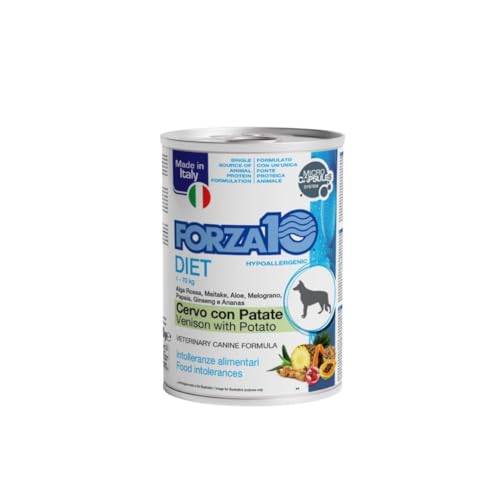 Forza 10 Diet Umido Cane gusto CERVO con PATATE, alimento completo monoproteico per cani adulti di tutte le taglie e razze | 6 scatolette da 400 grammi l'una.