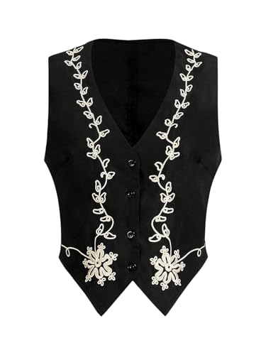 MakeMeChic Women's Floral Embroidery Vest Top V Neck Button Down Sleeveless Hippie Jacket