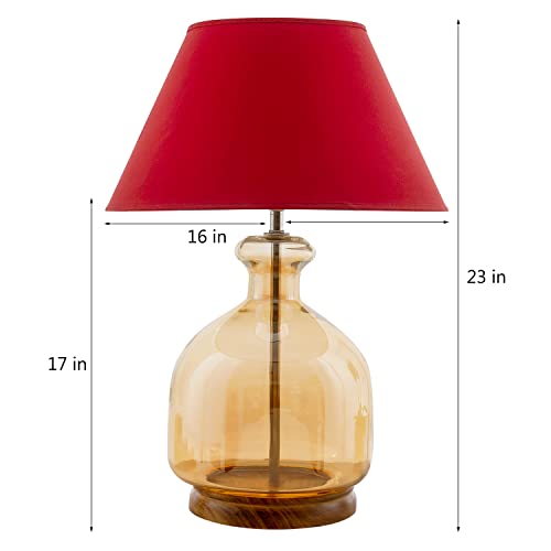 Image of Alper Mini Amber Luster Glass Table Lamp with Maroon Cotton Shade | Modern Designer Bedside & Living Room Decorative Table Light (Bulb Included)