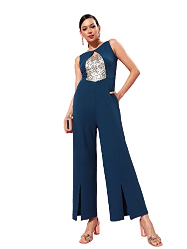 Image of Miss Chase Women's Teal Solid Relaxed Fit Round Neck Sleeveless Regular Length Jumpsuit