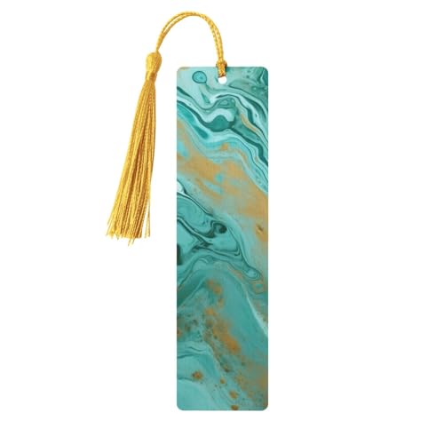 ティールとゴールドの大理石のしおり タッセル付き、木製しおり 女性用 男性用 ハンドメイド ブックマーク 読書ページマーカー 木製タグ オーナメント 誕生日 教師 ギフト