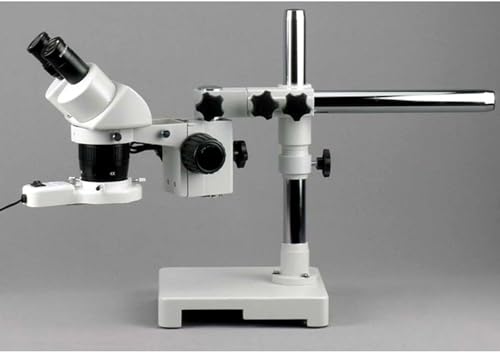 Image of AmScope SW-3B24-FRL Binocular Microscope, WH10x Eyepieces, 10X and 40X Magnification, 2X /4X Objective, Single-Arm Boom Stand, 8W Fluorescent Ring Light, 110V-120V