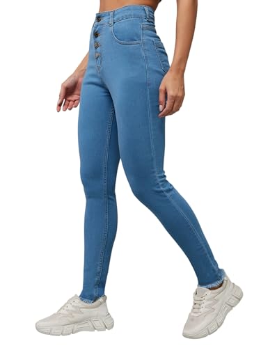 Image of Miss Chase Women's Skinny High Rise Cropped Fringed Hemline Detailing Stretchable Denim Jeans
