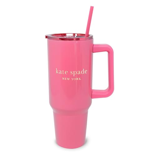 kate spade new york 40 Ounce Tumbler with Handle and Straw, Cupholder Friendly, Double Wall Stainless Steel Insulated Cup, Pink