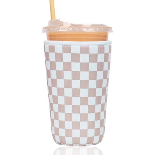 Image of Reusable Insulated Sleeve for Iced Coffee Cup, Coffee Neoprene Sleeve for Cold & Hot Drinks, Beverage Holder for Iced Coffee (Classic Checker, Large: 32oz)
