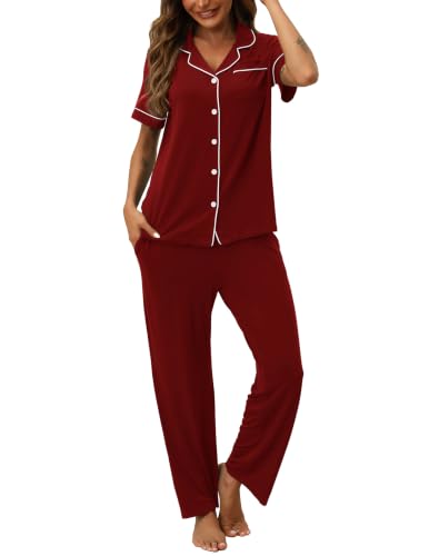 Image of HNG Women Pajamas Set 2 Piece Button Up Pajamas Pant and Short Sleeve Shirt for Woman Pj Sets with Pocket
