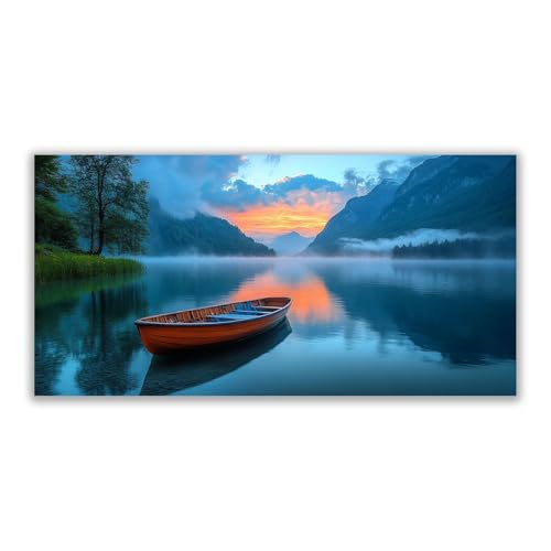 Tableau paysage de lac au design minimaliste orange et gris pour art wall decor original