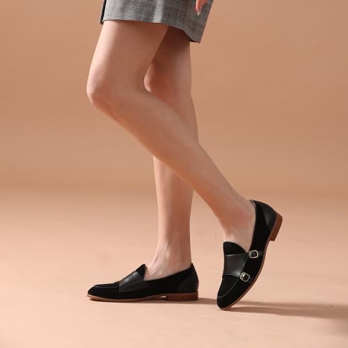 Image of BEAU TODAY Monk Straps Loafers for Women Double Buckles Design Womens Leather Flat Shoes Comfort Business Slip-on Casual Round Toe Loafer Shoes