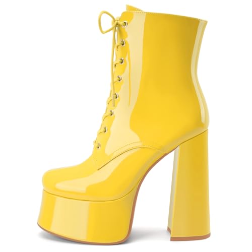 Women's Platform Block Chunky High Heel Ankle Combat Boots Zipper Patent Leather Lace Up Round Toe Fall Short Booties2