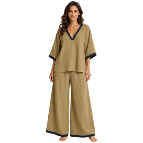 Conjunto de dos piezas para mujer estilo lino con cuello en V y pantalón ancho ideal para viajes