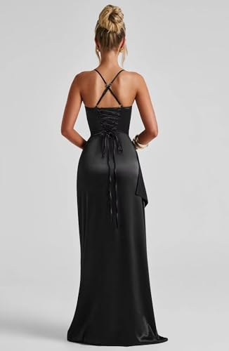 BOLENSYE Ruffle Satin Prom Dresses for Women Spaghetti Strap Bridesmaid Dress with Slit Long Formal Gown2