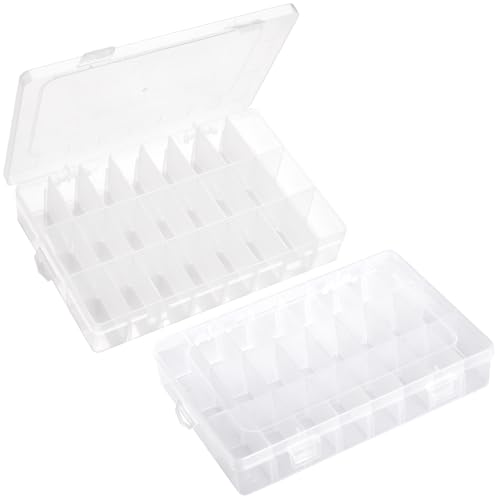 VZTOLKUR 2 Pack 24 Grids Plastic Storage Box Clear Organizing Containers with Adjustable Dividers for Beads, Crafts, Art DIY, Jewelry, Screws, Pins, Thread, Fishing Gear, Small Items