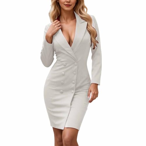 Eauptffy Chaqueta de vestir para mujer, blazer de doble botonadura, manga larga, para oficina, vestido informal y festivo, O blanco., S