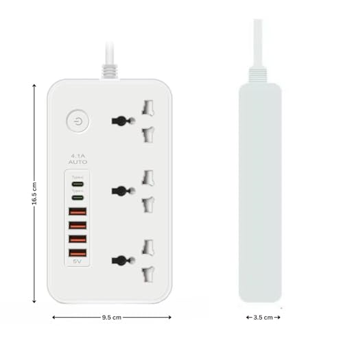 Image of Extension Board, Power Strip with 6 USB Ports and 3 Universal Socket, 2500W 10A Extension Cord, 3-Pin Surge Protector Power Strip for Home, Office, Computer, Mobile Charging (White-Z65)