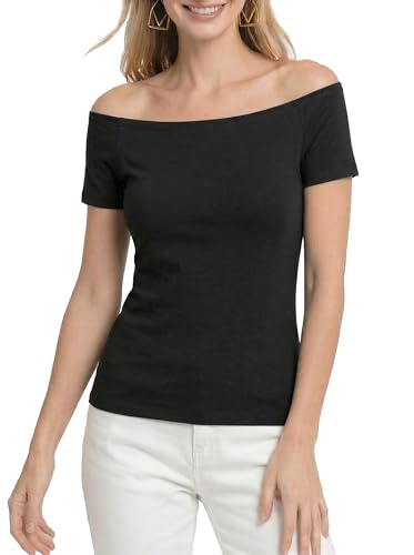 Fuinloth Women's Off Shoulder Tops, One Shoulder Shirts, Short Sleeves Sexy Slim Fit Tees Black X Small