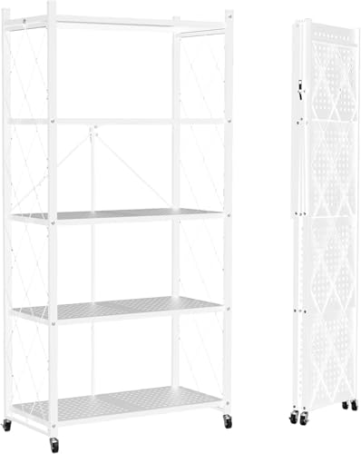 Our Modern Space 5-Tier Foldable Storage Shelf with Wheels | Metal Rack Collapsible Shelving Display | Rolling Cart for Books Kitchen Storage Shelves | Pantry & Closet Organizer | Office Room Decor