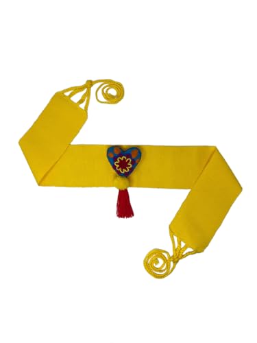 Traditional Mexican Embroidered Heart Belt with Tassel, YELLOW belt WITH hand made heart with Floral Design and red pompom2