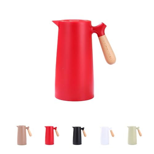 LIVIA 保温ジャグ 卓上魔法瓶 1リットル テーブル用カラフェ 紅茶 コーヒー ティー 麦茶 お茶用 大容量 断熱構造 ウッドハンドル 広口 洗いやすい 家庭用 (レッド)