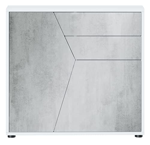 Vladon Buffet Benny, Commode avec 2 Portes et 2 tiroirs, Blanc Mat/Aspect Béton Oxyde (79 x 74 x 36 cm)