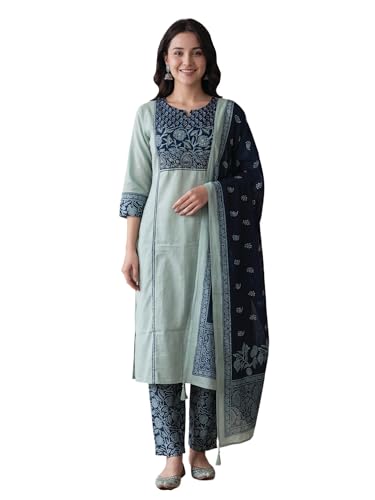 Image of INDO ERA Women's Straight Pure Cotton Floral Self Design Kurta & Pant With Dupatta Set | Kurta Sets For Woman